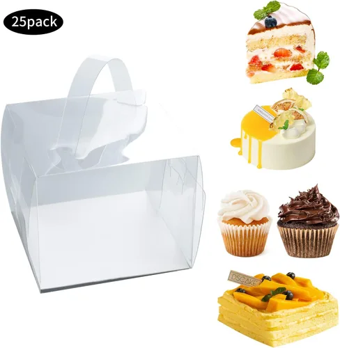 Miniatura 3 de BURLIHOME 25 cajas transparentes para pasteles, cajas de panadería de 5 x 5 x 4 pulgadas con asa, cajas de recuerdo de fiesta ideales para pasteles