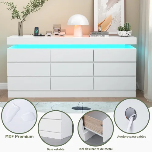 Miniatura 6 de Gyfimoie Cómoda de 9 cajones con toma de corriente, cómoda con luz LED, cómoda moderna para armario, gabinete organizador de cajones doble ancho