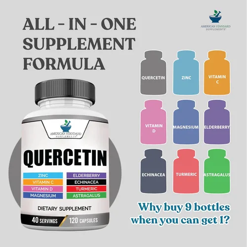 Miniatura 3 de American Standard Supplements Quercetina 1000 mg por porción con zinc, vitamina C, vitamina D3, magnesio, saúco, equinácea, cúrcuma, astrágalo, sin