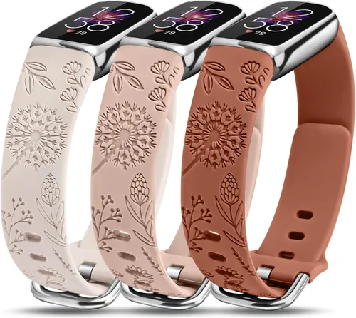 Miniatura 12 de Minyee Paquete de 3 correas compatibles con Fitbit Luxe para mujer, de silicona suave, con grabado floral, correa deportiva de diente de león