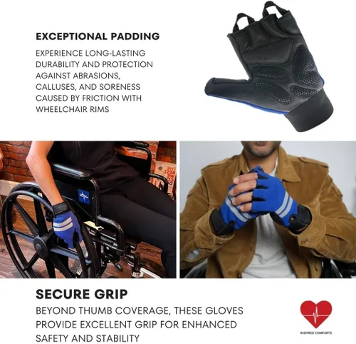 Miniatura 3 de Inspired Comforts Guantes para silla de ruedas, pulgar completo sin dedos, con agarre antideslizante, transpirables y reflectantes