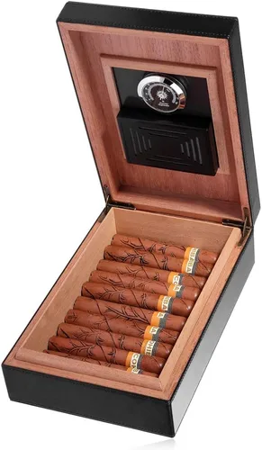 Miniatura 5 de Humidor de puros, superficie de cuero hecho a mano, con revestimiento de madera de cedro español sólido real, caja de escritorio con higrómetro