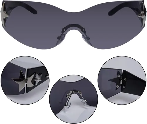 Miniatura 3 de Nydotd Lentes de sol Y2K sin montura envolventes para mujeres y hombres, sin marco, gafas de sol de moda de los años 2000 Marco negro / Lente negro