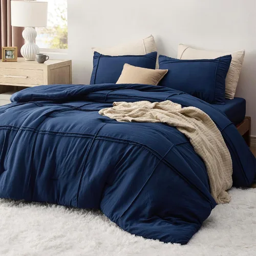 Miniatura 11 de Bedsure Juego de edredón individual con sábana, 3 piezas, suave ropa de cama color morado lavanda, plisado de rejilla, juego de cama ligero