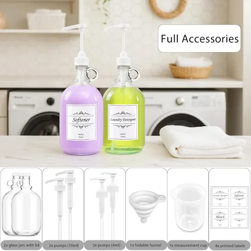 Miniatura 7 de Paquete de 2 dispensadores de detergente para ropa con bomba y tapa, botellas de vidrio de 64 onzas para organización y almacenamiento