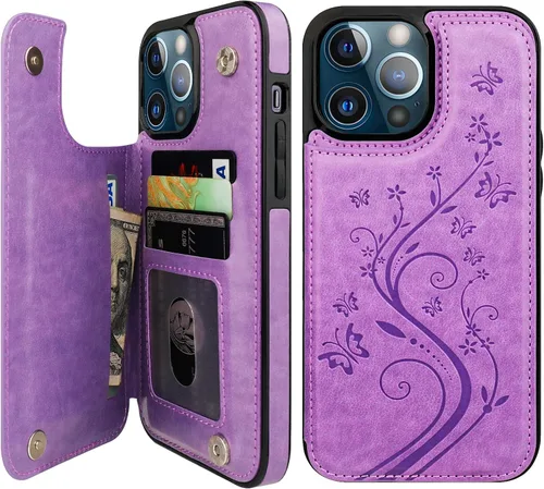 Miniatura 10 de Vaburs Funda compatible con iPhone 13 Pro Max con tarjetero y diseño de mariposa en relieve, de piel sintética, doble botón, a prueba de golpes, Azul