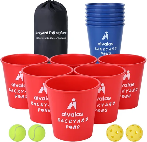 Aivalas Yard Pong Outdoor Games, Giant Yard Games Set with 12 Buckets and Balls for Adults and Family, Toss Game Throwing Games for Beach, Camping,