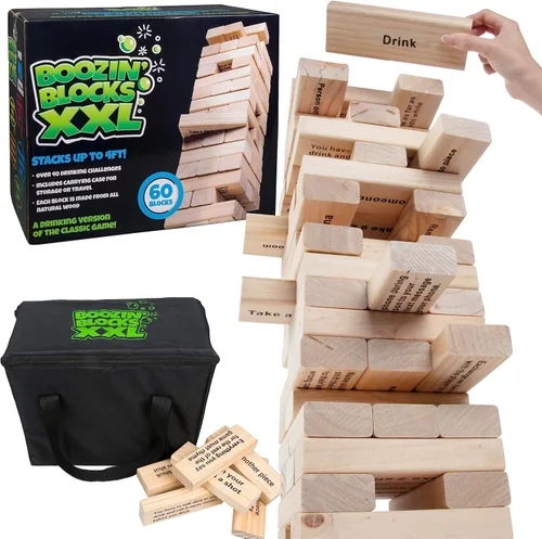 Juego de tragos torre apilable gigante (Se apila hasta 4 pies) - 60 bloques de madera con instrucciones de bebida (¡solo para mayores de 21 años!)