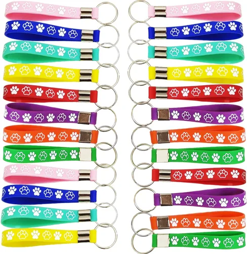 24 llaveros de goma para fiestas temáticas de perro con estampado de patas, baby shower, cumpleaños, regalos de fiesta de cachorros, suministros de