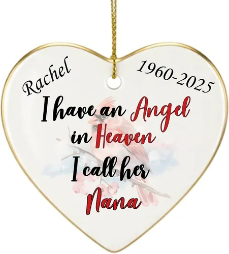Miniatura 10 de Adorno de Navidad conmemorativo personalizado 2025 – Recuerdo de cerámica en forma de corazón – Tengo un ángel en el cielo I Call Her Primo – Regalo