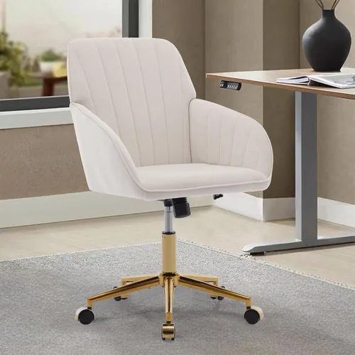 Miniatura 5 de Silla de escritorio de oficina de terciopelo con ruedas y base dorada, moderna silla giratoria ajustable, sillas de tocador tapizadas con brazos