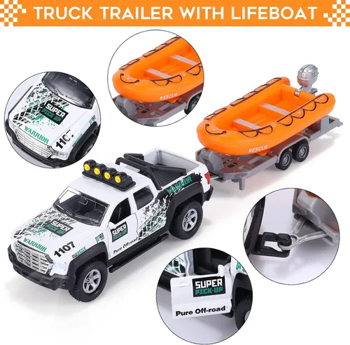 Miniatura 5 de G.C 4 Pack de juguetes de camiones de remolque para niños, juguetes de camping, barcos, camiones de metal fundido, vehículos 1:36, juguetes de autos