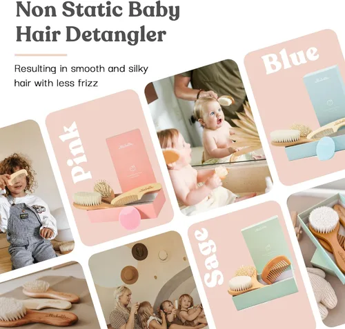 Miniatura 6 de Ullabelle Juego de 4 cepillos y peines de madera para el pelo del bebé para recién nacidos y niños pequeños en caja de regalo elegante, pelo natural