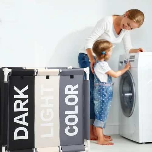 Miniatura 8 de Cesta clasificadora de ropa sucia de 3 secciones con ruedas rodantes, carrito organizador de lavandería para baño, dormitorio, guardería