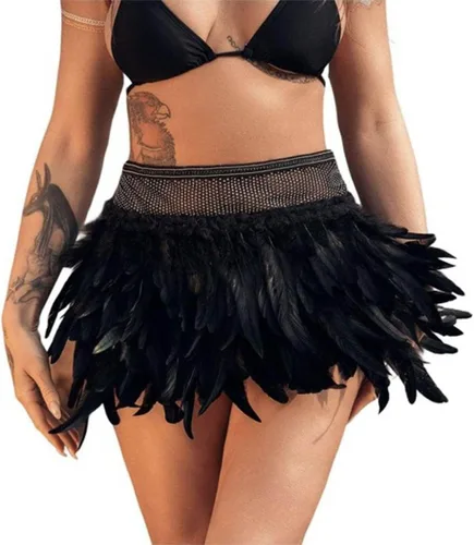 REETAN Falda de vientre con capas de plumas con diamantes de imitación, falda novedosa de tul para festivales rave, falda ajustable para mujeres y