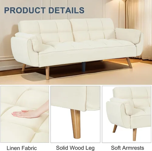 Miniatura 4 de Sofá cama tipo futón convertible, sofá cama con respaldo ajustable, sofá pequeño de espacio pequeño, sala de estar, dormitorio (beige)