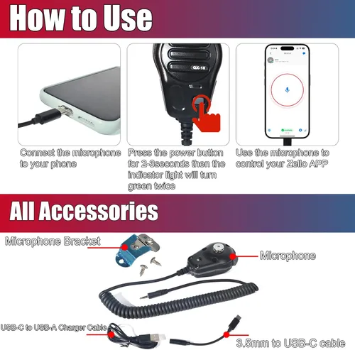 Miniatura 3 de PTT - Micrófono con cable para la aplicación ZELLO, compatible con iOS y Android con batería de 800 mAh, cable de carga, adaptador tipo C, soporte