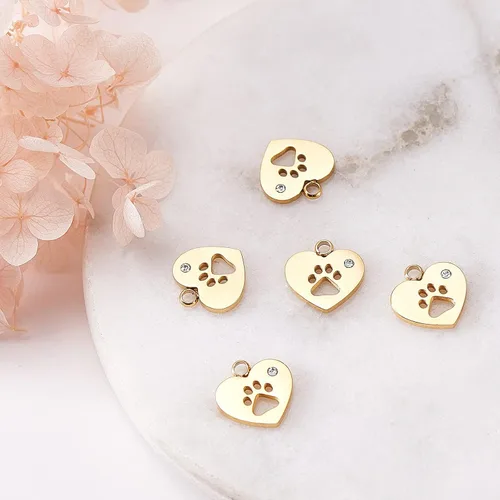 Miniatura 4 de Airssory 10 piezas de corazón de acero inoxidable chapado en oro con perro gato cachorro huella huella huella impresa mascota encantos con cristal