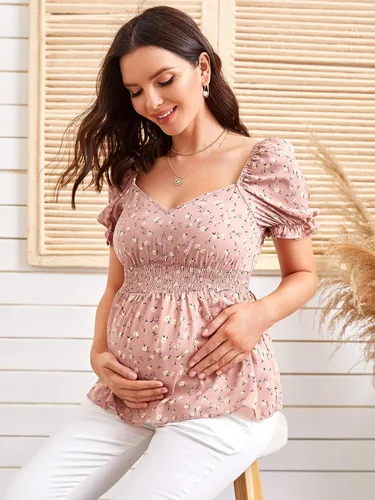 Miniatura 3 de OYOANGLE Women's Maternity Floral Print Blouse Short Sleeve Ruffle Hem Peplum Tops