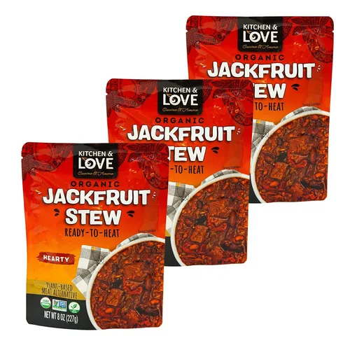 Kitchen and Love, estofado abundante de yaca orgánica, totalmente cocido, alternativa a la carne a base de plantas, sin gluten, listo en 90