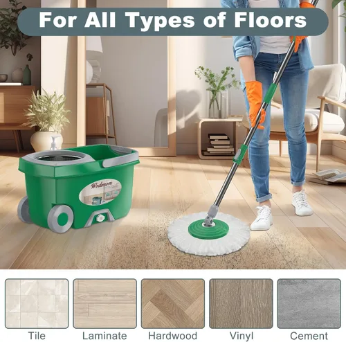 Miniatura 7 de Juego de fregona giratoria y cubo de dos compartimentos, juego de fregona y cubo con escurridor, fregona giratoria de 360° para limpieza de pisos