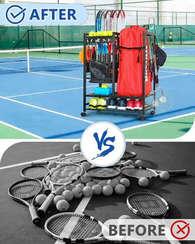 Miniatura 7 de Mythinglogic Estante de almacenamiento para bolsas de tenis, raqueta de tenis y organizador de pelotas, soporte para equipo de tenis para garaje