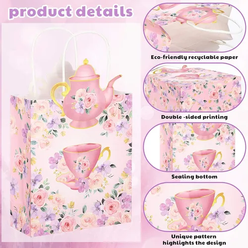 Miniatura 3 de Lincia Paquete de 24 bolsas de regalo de fiesta de té, decoraciones de tazas de té, bolsas florales para golosinas con asas y diseño de tetera