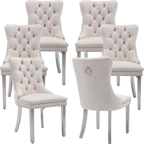 Miniatura 30 de Juego de 2 sillas de comedor modernas de mediados de siglo, sillas de cocina tapizadas de terciopelo beige, sillas de cocina y comedor, patas
