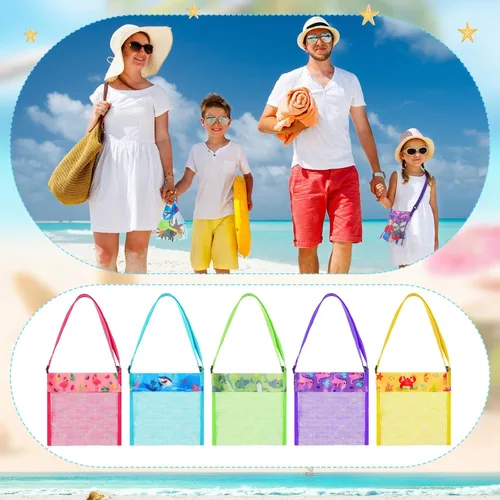 Miniatura 2 de Saintrygo 30 bolsas de playa de malla para niños, juguetes de arena, bolsas de conchas a granel coloridas con correa ajustable (estilo lindo)