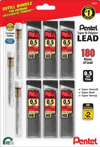 Pentel Super Hi-Polymer HB - Paquete de recambio de plomo de 0.020 in, 6 paquetes de 30 minas y 3 paquetes de 4 borradores blancos sin látex,