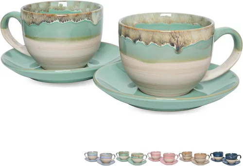 Bosmarlin Juego de 2 Tazas de Capuchino de Cerámica con Platillo, 10 Oz, Tazas de Café para Café con Leche, Espresso, Té, Aptas para Lavavajillas y