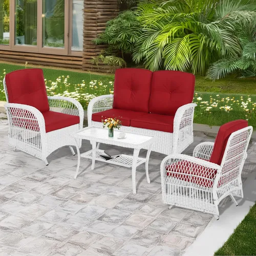 Miniatura 25 de MEETWARM Juego de 3 piezas de mimbre giratorio para patio al aire libre, mecedoras, juegos de muebles de patio de ratán con cojín grueso y mesa