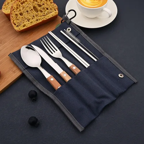 Miniatura 2 de JASHII Juego de cubiertos reutilizables de viaje, juego de cubiertos de acero inoxidable 304 con mango de madera, palillos y pajitas con diseño