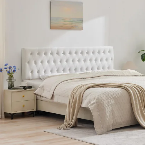 Miniatura 20 de Kingfun Cabeceras con diseño moderno de botones, cabecera de cama tapizada y acolchada de tela de lino premium, cabecera de madera maciza ajustable