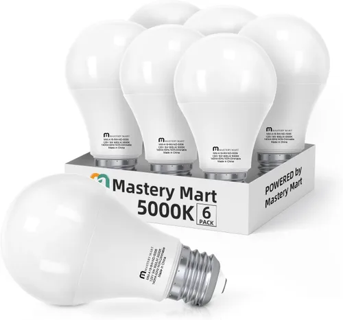 MASTERY MART Paquete de 6 bombillas LED A19 equivalentes a 60 W, 9 W no regulables, sin parpadeo, 800 LM, luz blanca brillante 5000 K, base E26,