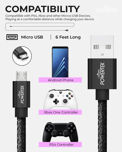 Miniatura 6 de Liquipel Powertek - Cable de carga micro USB para teléfonos celulares y dispositivos electrónicos, 6 pies (negro)