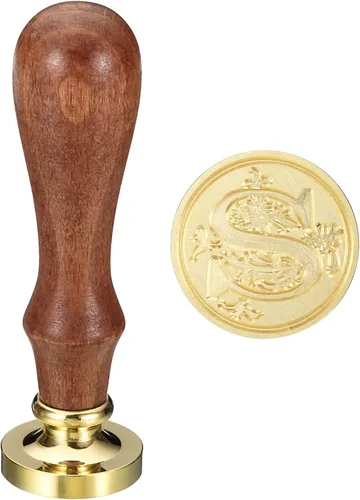 PATIKIL Sello de cera del alfabeto S, sello de cera de sellado de letra inicial, clásico retro, cabeza de latón extraíble, mango de madera para