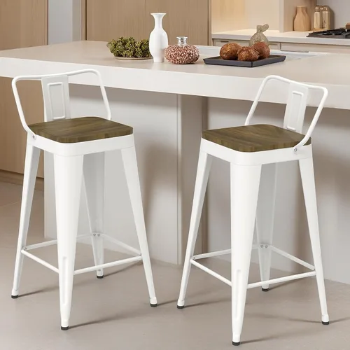 Miniatura 27 de Juego de 4 taburetes de bar de metal, taburetes de bar con respaldo alto con asiento de madera, taburetes de bar negros de 24 pulgadas para isla