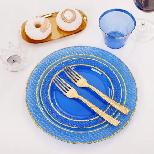 Miniatura 7 de Nervure 150 platos de plástico azul transparente, platos de fiesta dorados, juego de vajilla azul y dorado incluye: 50 platos desechables, 25 tazas