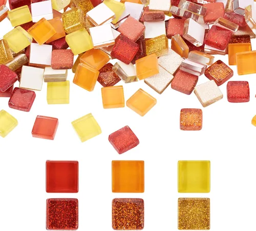 Pandahall - 400 cabujones de mosaico de vidrio de 0.394 x 0.157 in, color rojo y naranja, azulejos de mosaico cuadrados con parte trasera plana,