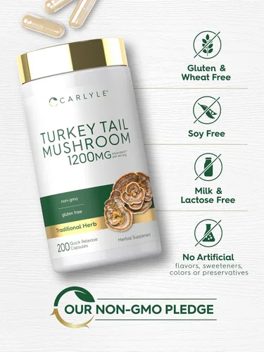 Miniatura 5 de Carlyle Cápsulas de hongos de cola de pavo 1200 mg 200 unidades Extracto sin OMG y sin gluten