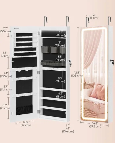 Miniatura 30 de SONGMICS Gabinete colgante de joyería, gabinete de pared con luces interiores LED, organizador de joyas montado en la puerta, espejo de cuerpo Blanco