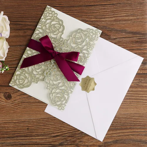 Miniatura 6 de ponatia 25 unidades por lote de 250 GSM, 5.12 x 7.1 pulgadas, con purpurina, rosa hueca con cinta burdeos, para boda, despedida de soltera