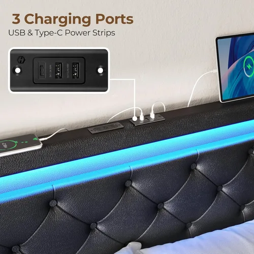 Miniatura 4 de Rolanstar Base de cama individual con estación de carga, cama LED con almacenamiento debajo de la cama, cabecera ajustable de 38.9/40.8 pulgadas,