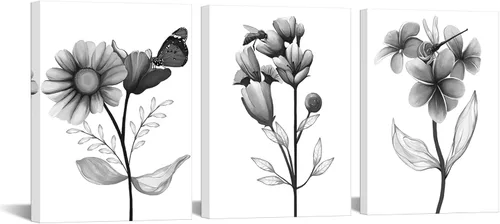 sechars 3 piezas de lienzo de flores para pared, pintura floral en blanco y negro, impresiones artísticas florales transparentes con imagen de