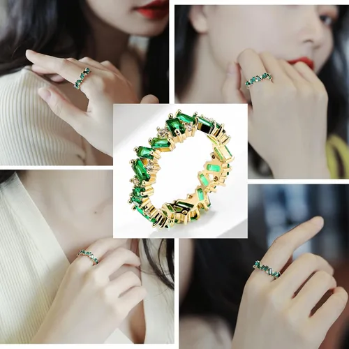 Miniatura 4 de UILZ Anillos de boda de compromiso de circonita cúbica verde para mujeres y niñas, anillos apilables de oro verde esmeralda para mujeres novias