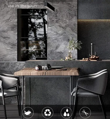 Miniatura 2 de burgeliy Protector de vinilo de mármol gris 3D, papel tapiz de modificación automotriz de 15.8"x80", estilo clásico, impermeable, resistente al