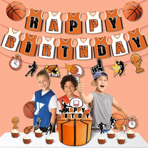 Miniatura 5 de 40 piezas de decoración de fiesta de baloncesto – Cartel de feliz cumpleaños, globos, adornos para pasteles para niños y niñas