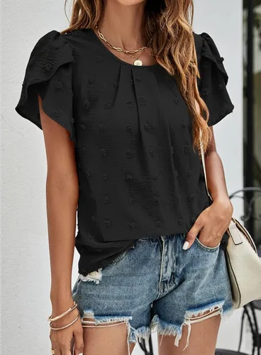 Miniatura 4 de Beaully Blusas de verano para mujer, estilo bohemio, de manga corta, cuello redondo, encaje de ganchillo, blusas de gasa