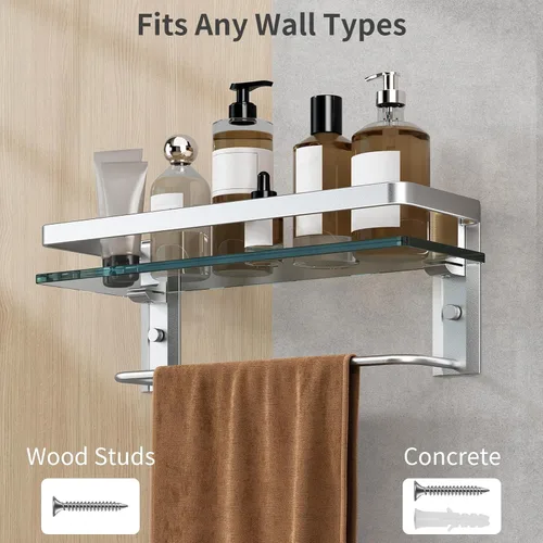 Miniatura 10 de Danpoo Estante de pared de baño con toallero, vidrio templado transparente, soporte para toallas de mano (plata mate)